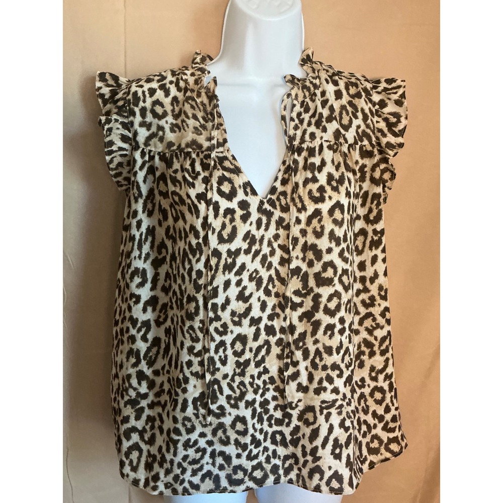 Philosophy Leopard Blouse Womens Small Tan Brown Excellent Ruffle Sleeve Tie V